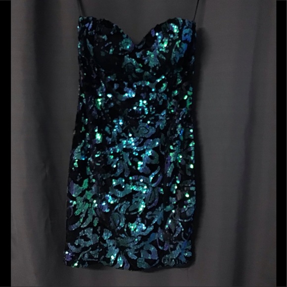 Revamped strapless sequin green/blue dress size L - Picture 2 of 8